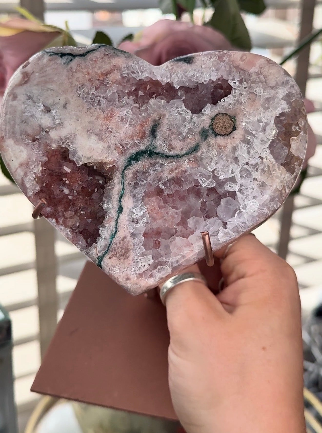 Hq pink amethyst heart with Jasper - comes with stand