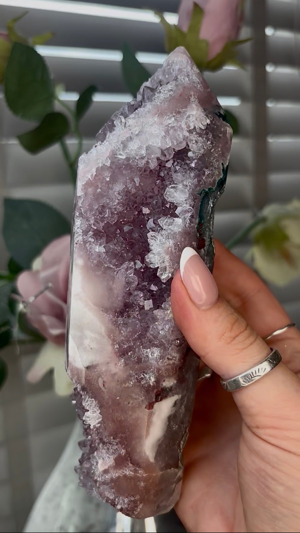 Beautiful, high quality, Pink amethyst tower with lilac quartz 18cm(h) by 4.5cm(w)