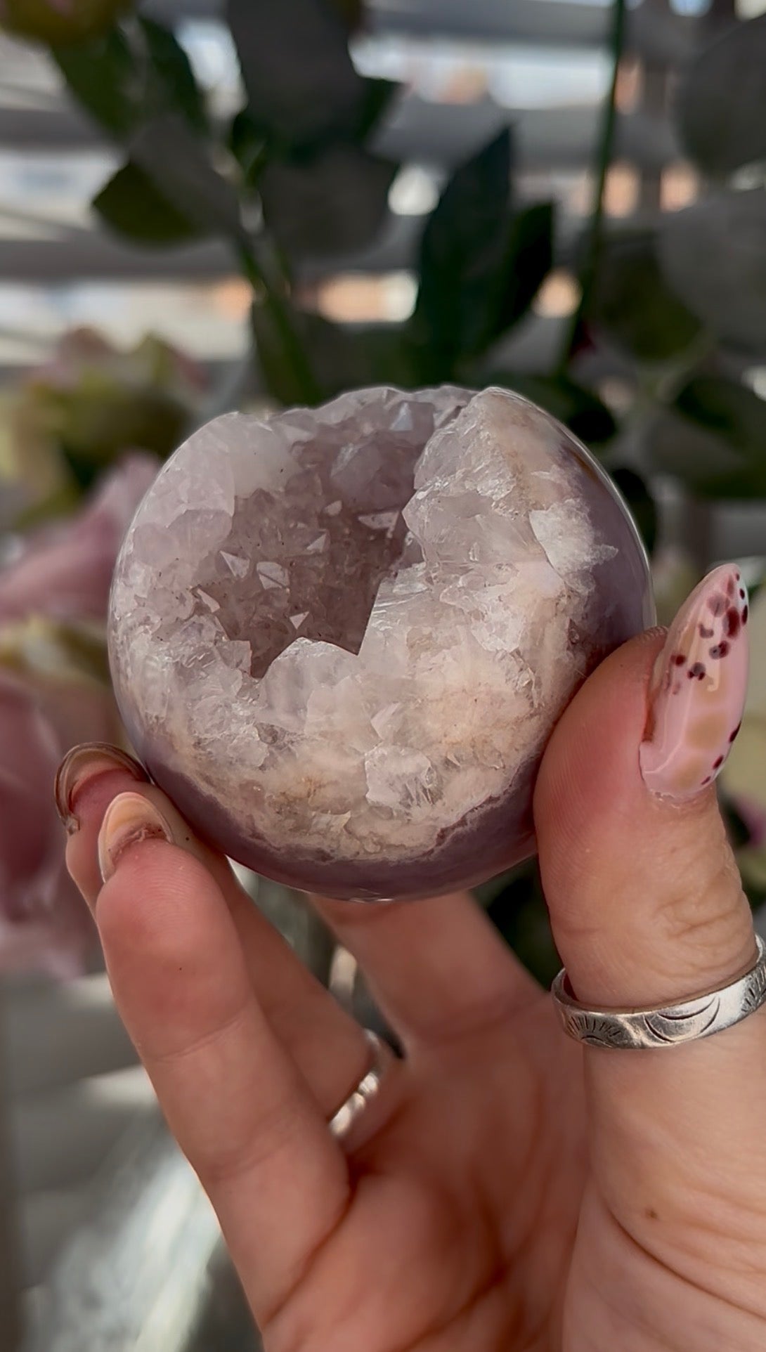 High grade, Pink amethyst Flower agate sphere with druzy quartz- 6cm