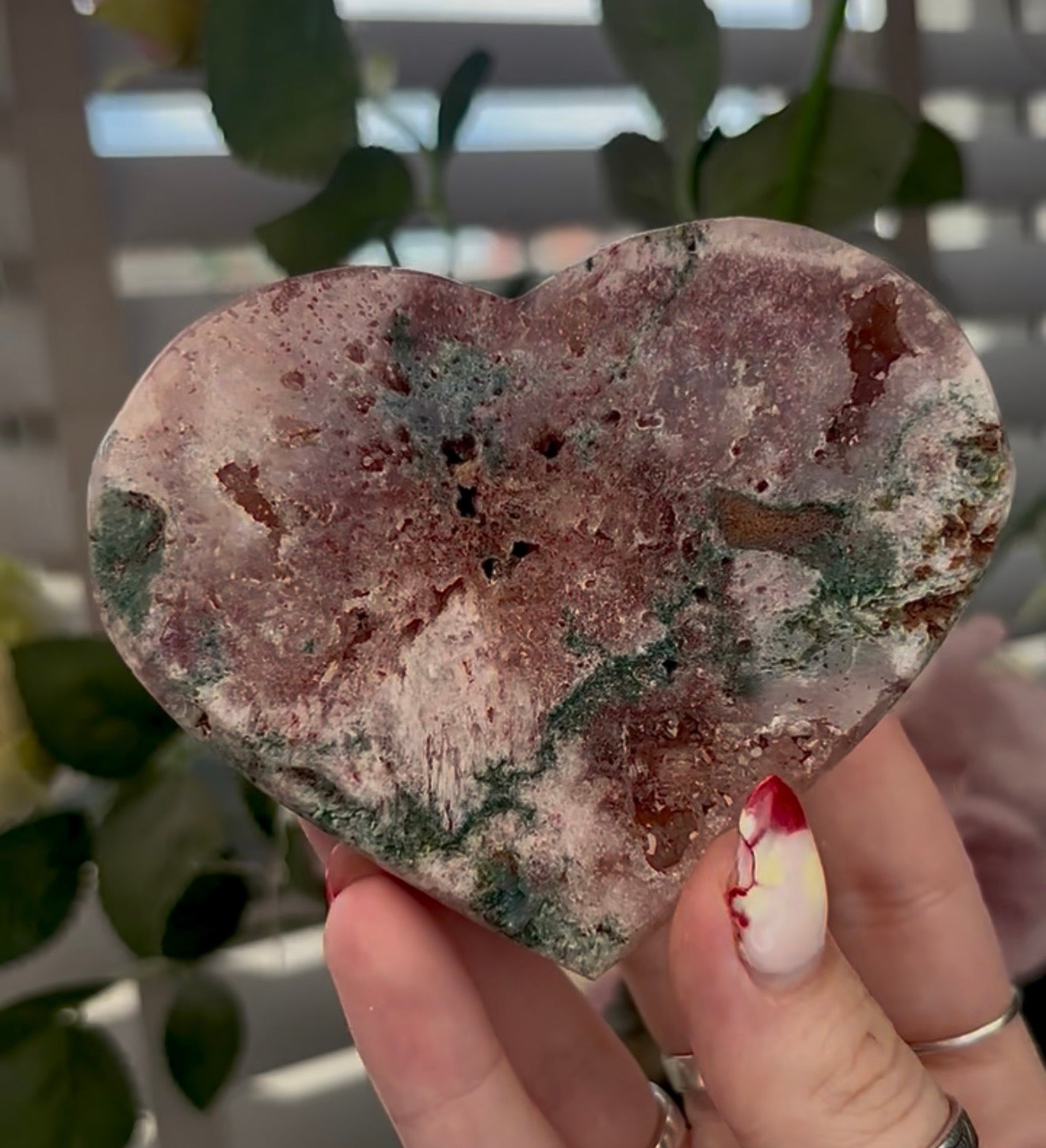 Beautiful pink amethyst heart with green Jasper  - comes with stand (9.5cm)