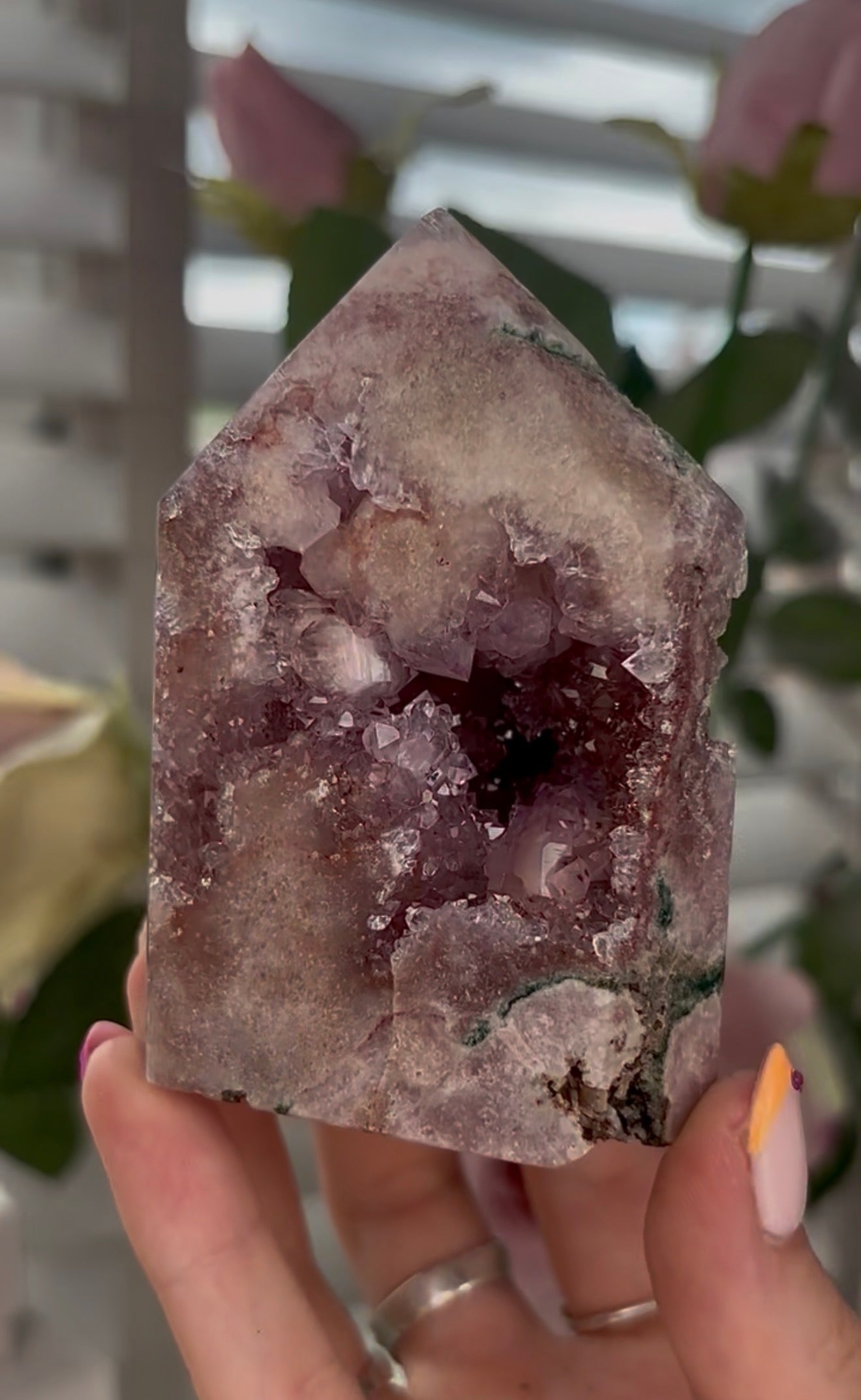 Pretty, high quality, Pink amethyst tower, with lilac quartz druzy