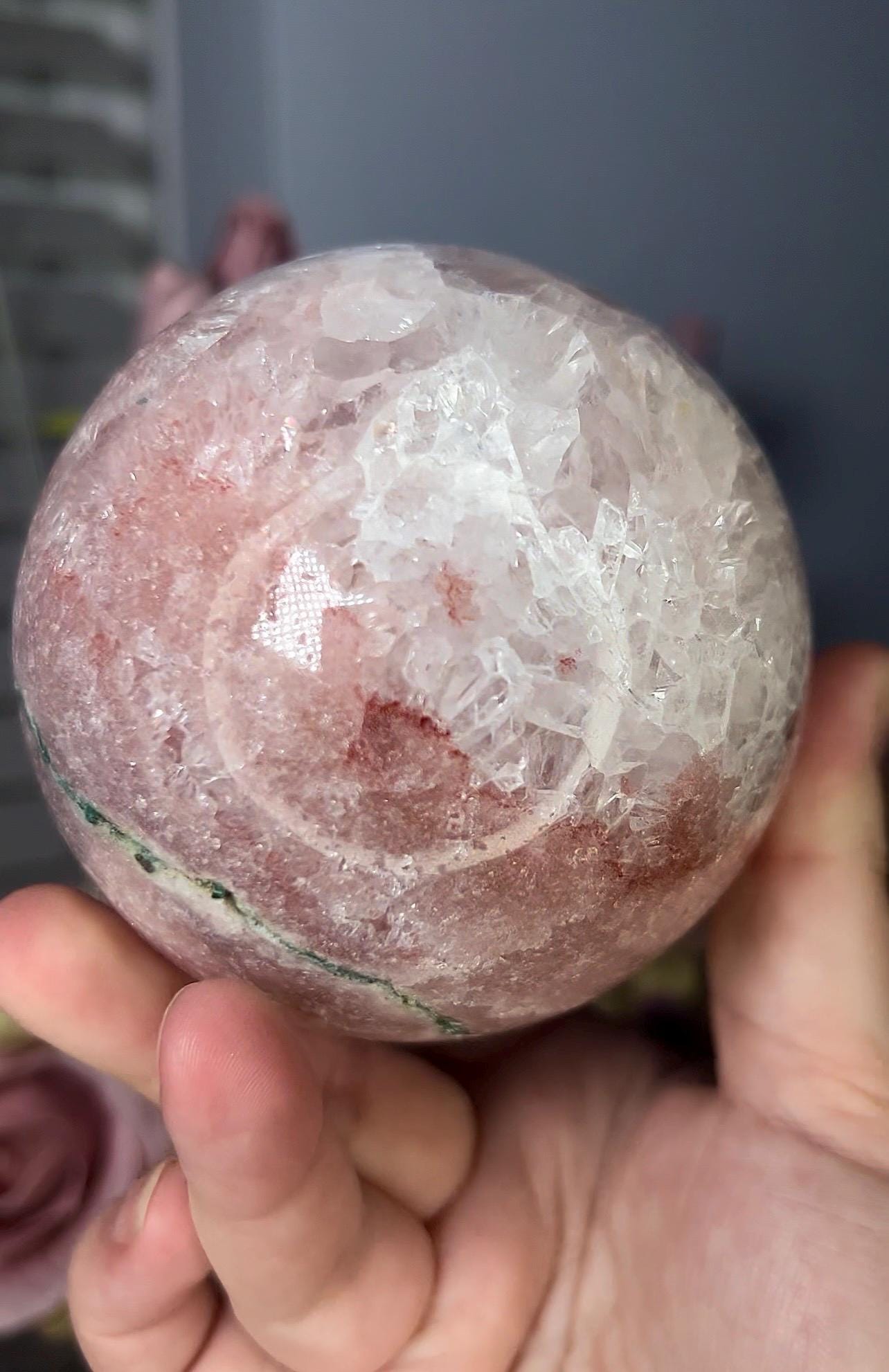 High grade, pink amethyst sphere with quartz and flower formations 928g