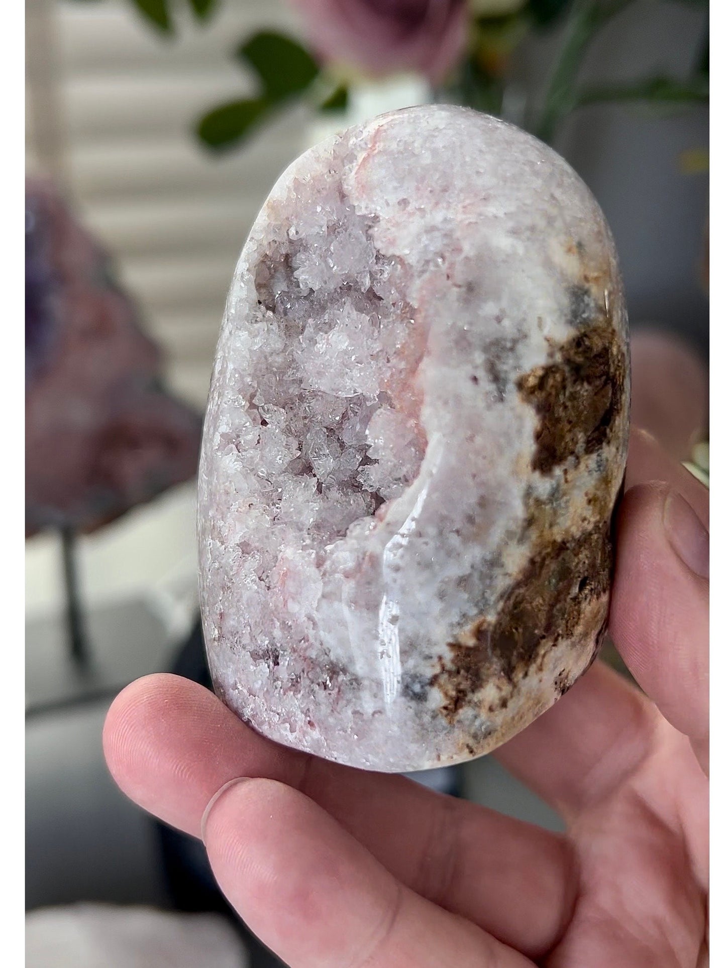 pink amethyst freeform with high clarity quartz & sugar druzy