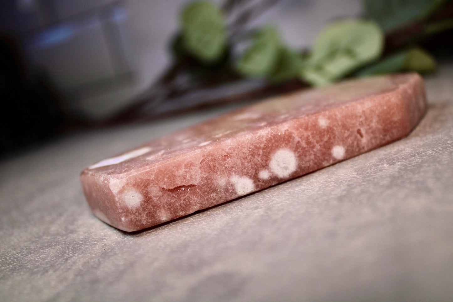 Freestanding, peach toned, high quality, pink amethyst, coffin carving 295g 12.5cm(H) 8cm(W)