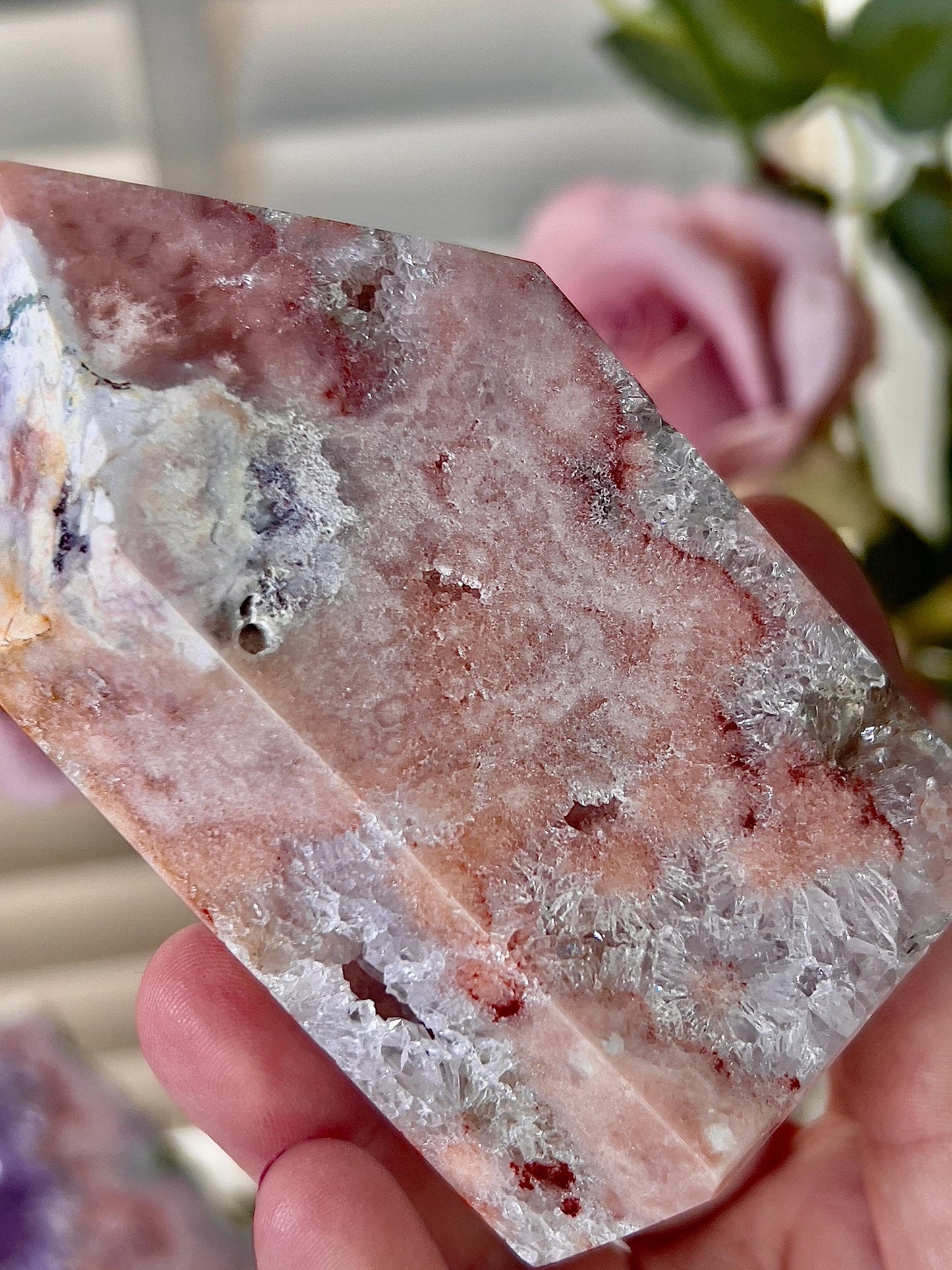 High quality, druzy, peach toned, pink amethyst tower with quartz 360g 10cm(h) 5.5cm(w)