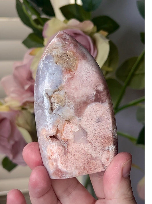 High grade, amazing peach and blue toned pink amethyst flame