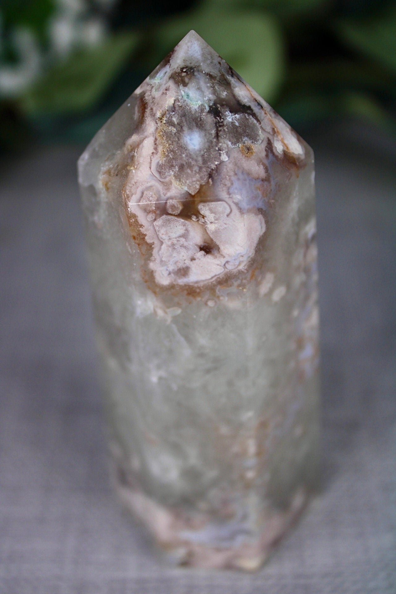 Green chlorite, flower agate, 6 side, polished tower 295g 11cm (H) 4.5cm (W)