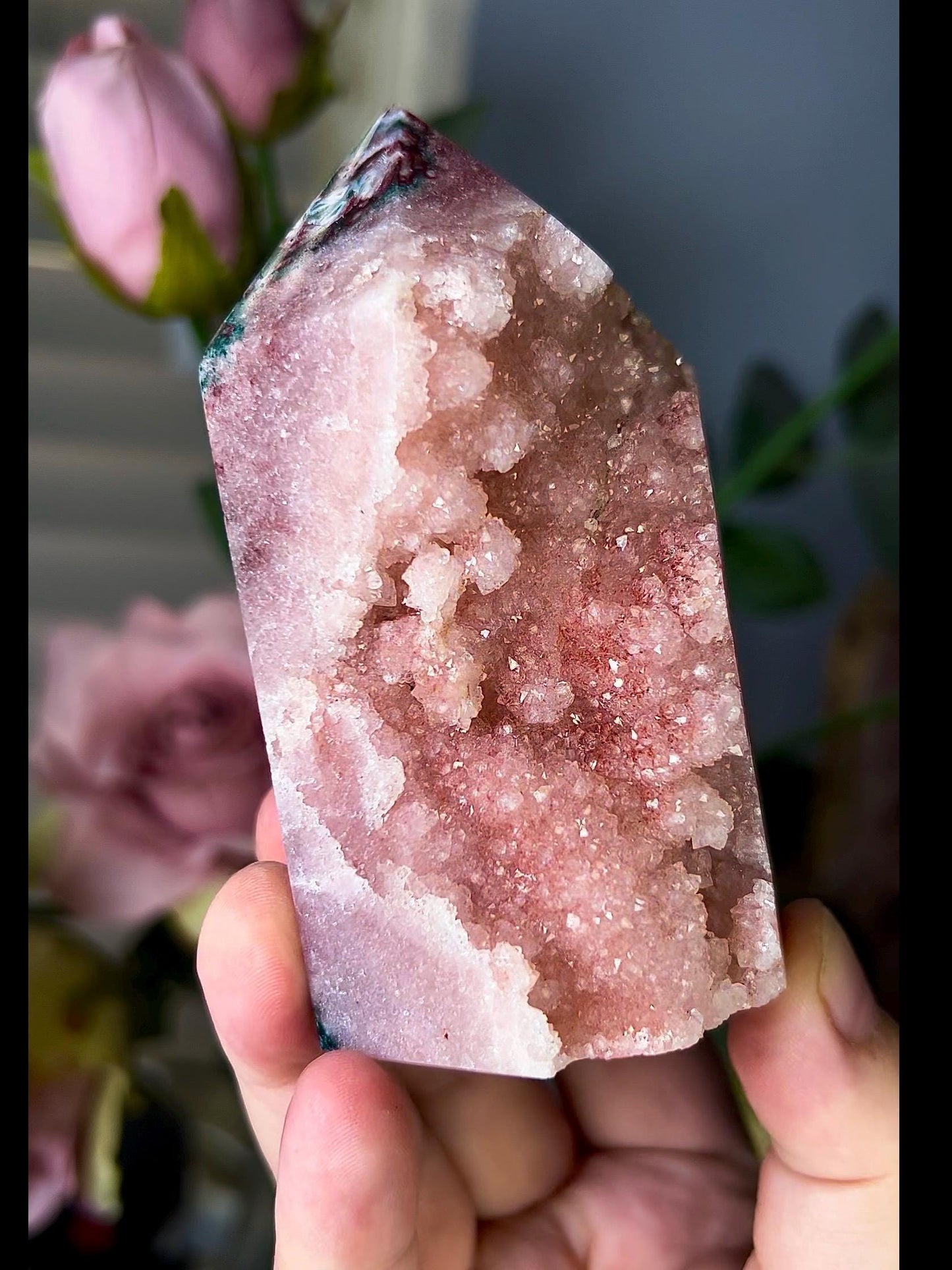 High grade, baby pink amethyst, sugar druzy tower with green jasper