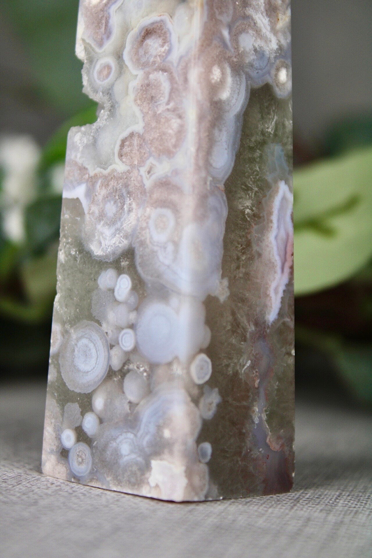 Stunning!! Super high quality, Druzy, green chlorite x blue flower agate, 4 sided, tower