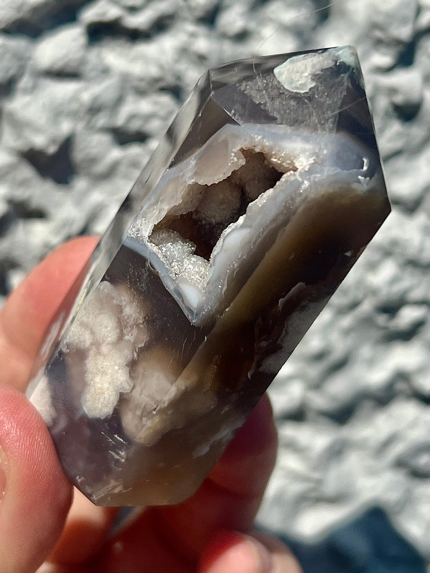 black flower agate tower with druzy cave