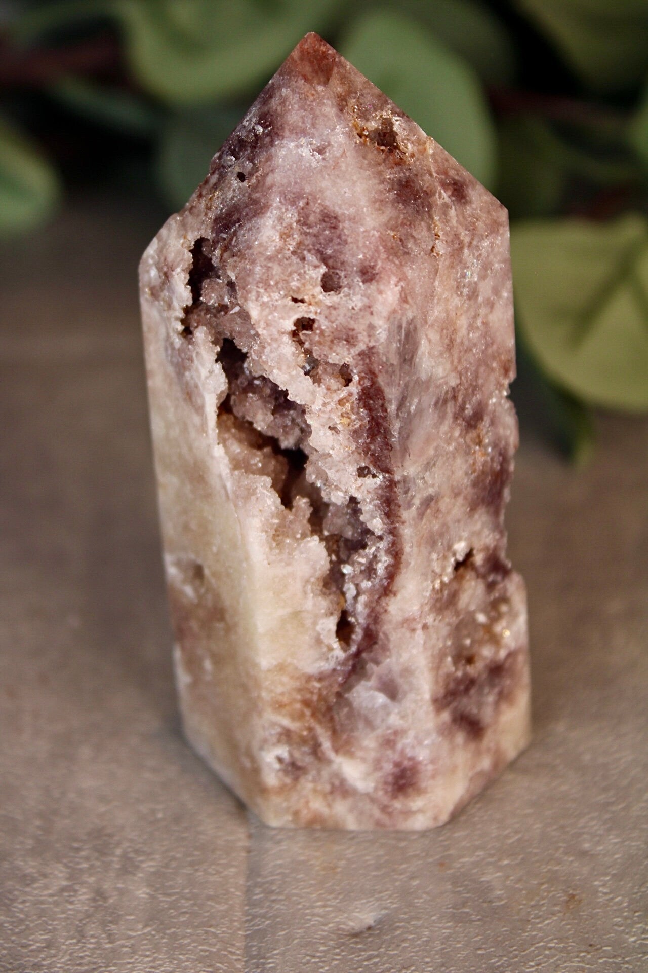 Golden, druzy, pink amethyst tower from brazil 300g 10.5cm (h)