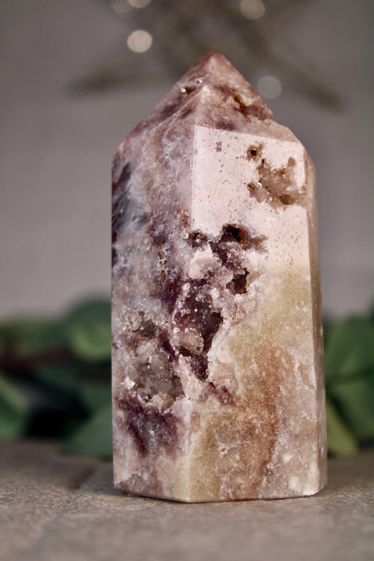 Golden, druzy, pink amethyst tower from brazil 300g 10.5cm (h)