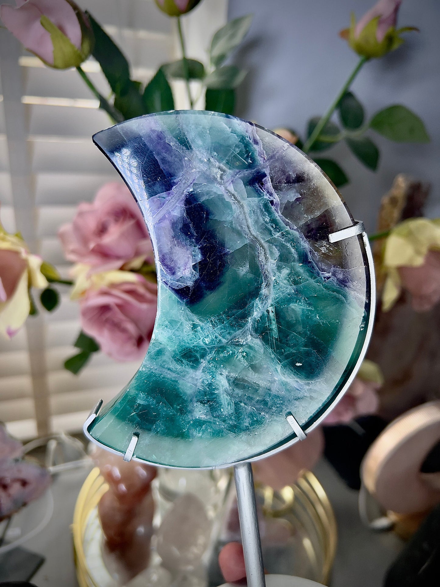 High grade, fluorite moon on silver custom stand