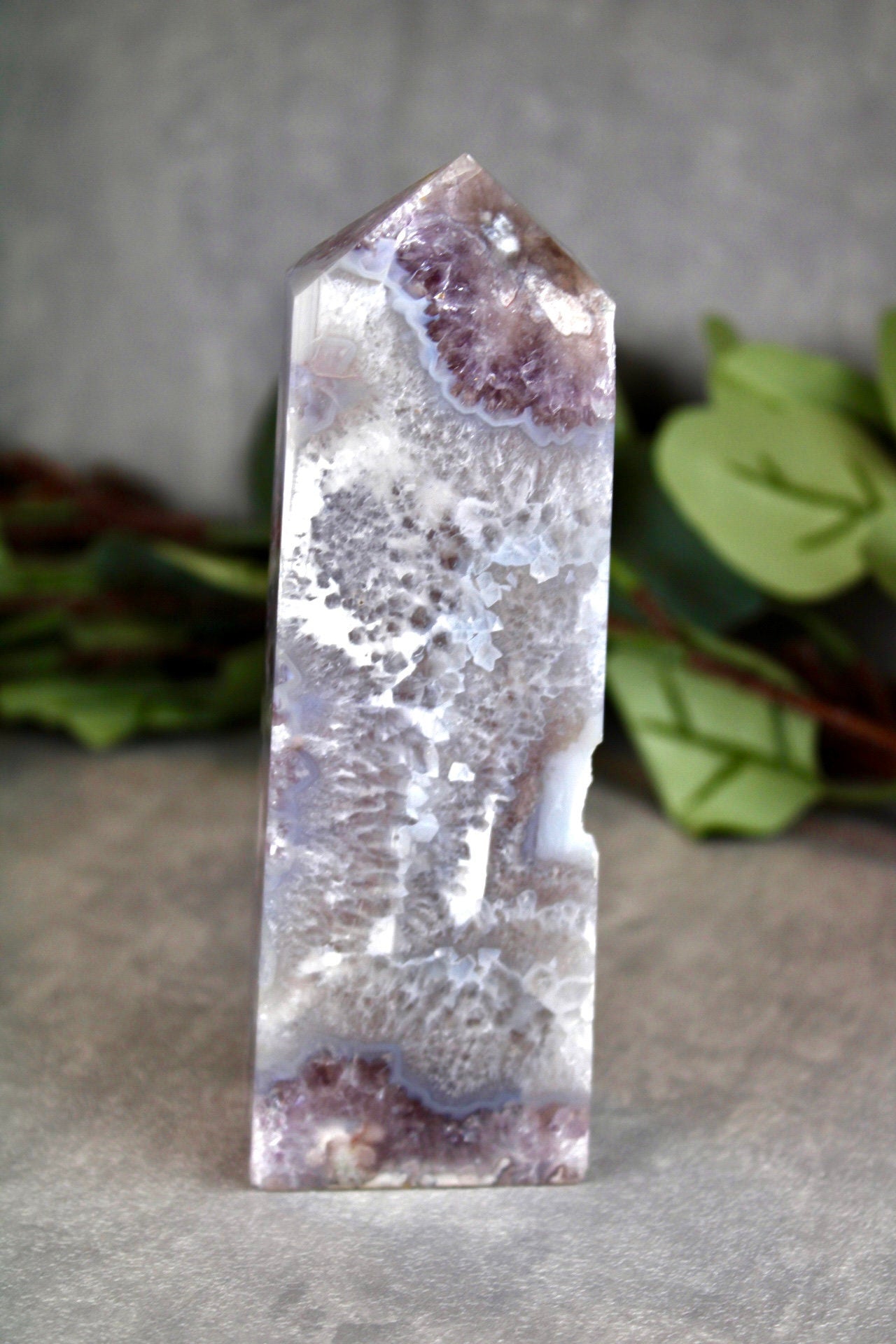 New find! Rare find! Gorgeous, chlorite, green flower agate with amethyst tower