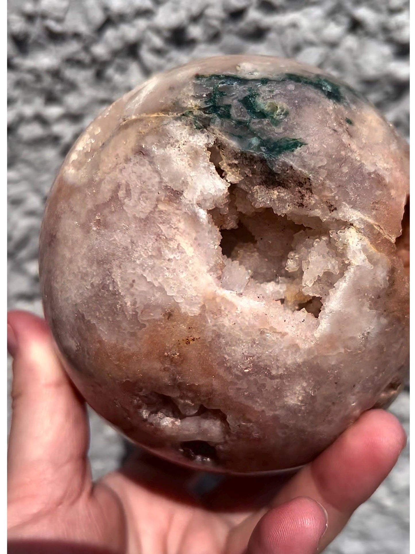 large, statement, pink amethyst sphere, with sugar druzy and jasper 1.626kg