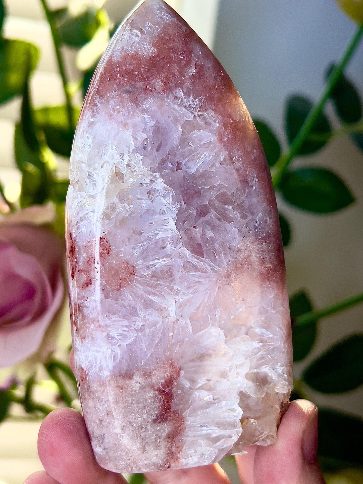 High grade, pink amethyst flame with a red tone and quartz druzy