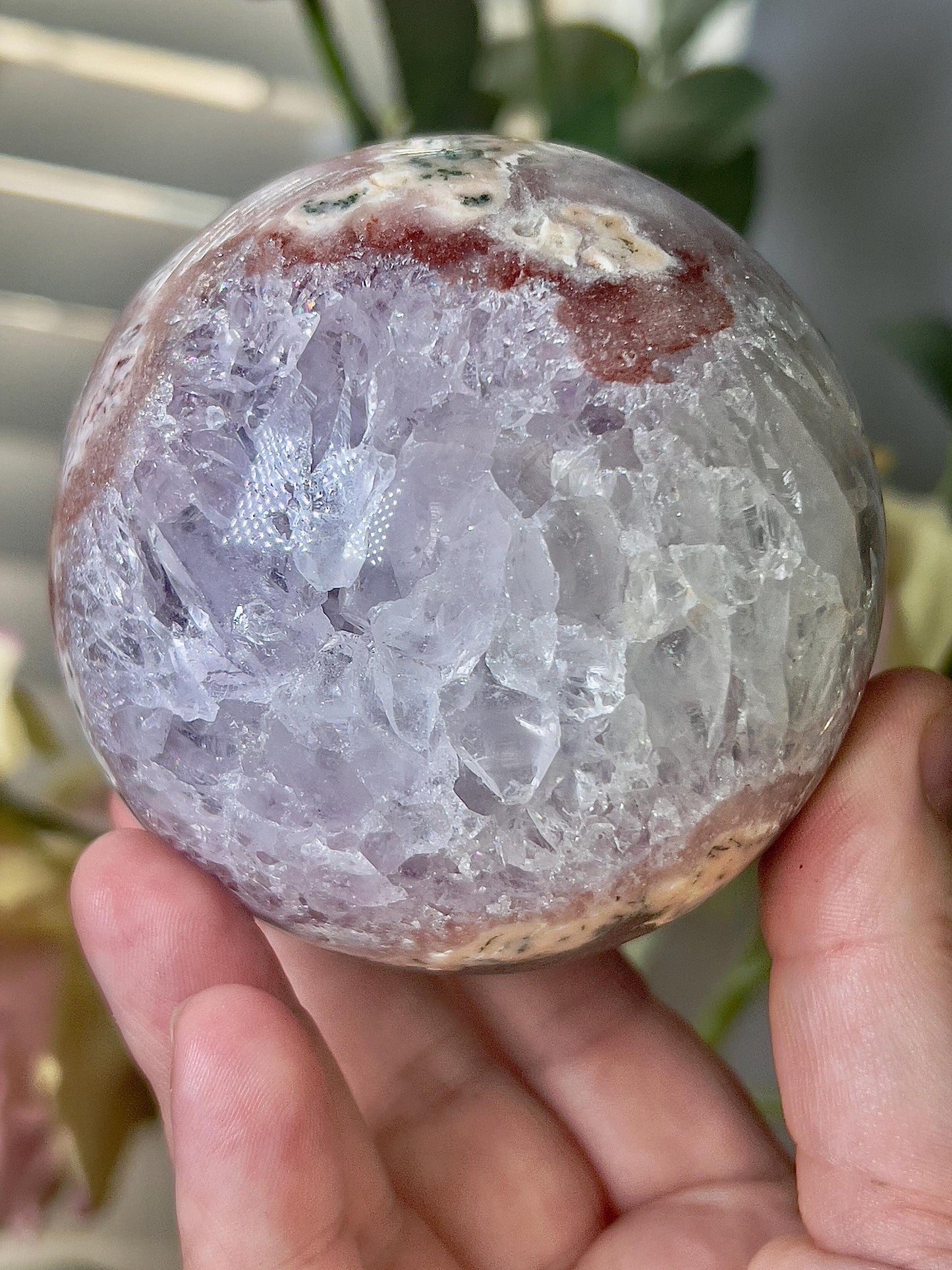 high grade, gorgeous pink amethyst sphere, with incredible quartz druzy