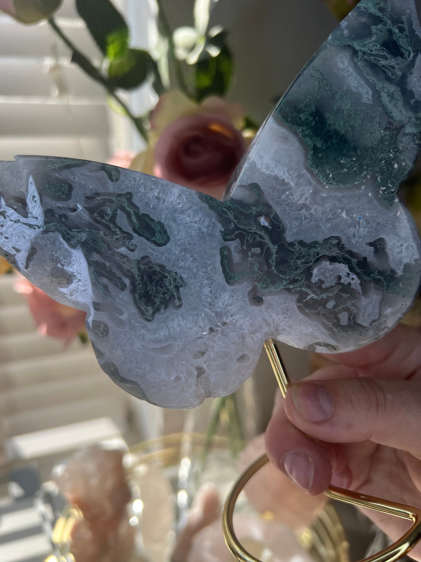 High grade, moss agate butterfly with gold pedestal stand