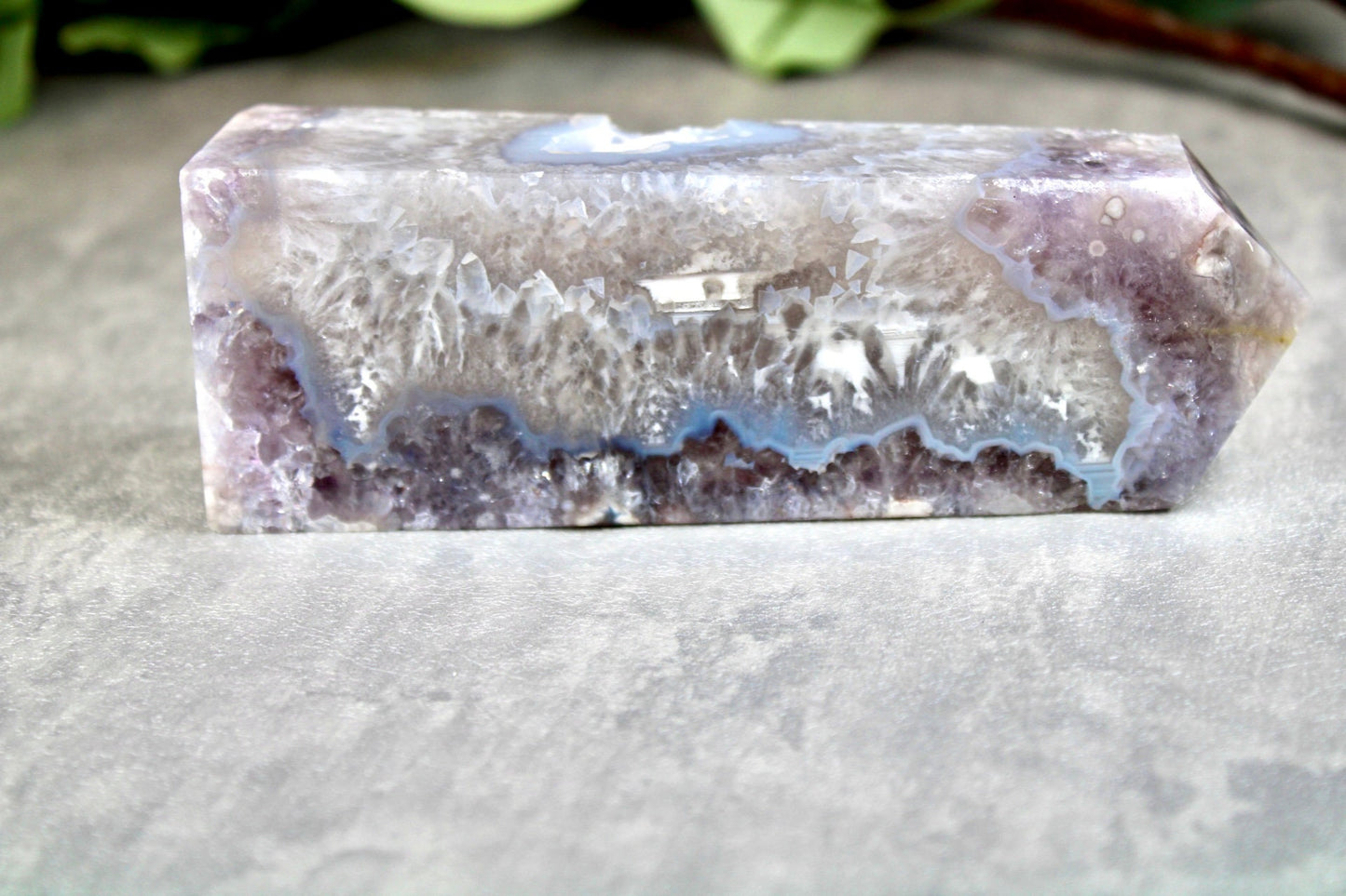 New find! Rare find! Gorgeous, chlorite, green flower agate with amethyst tower