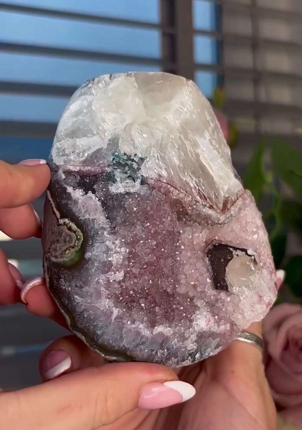 High quality, lavender, pink toned, double cave rainbow amethyst, cutbase with calcite
