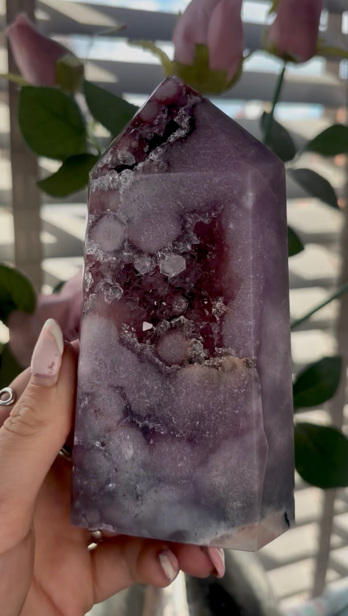 Beautiful, high quality, Pink amethyst tower in lilac tones with vibrant purple druzy