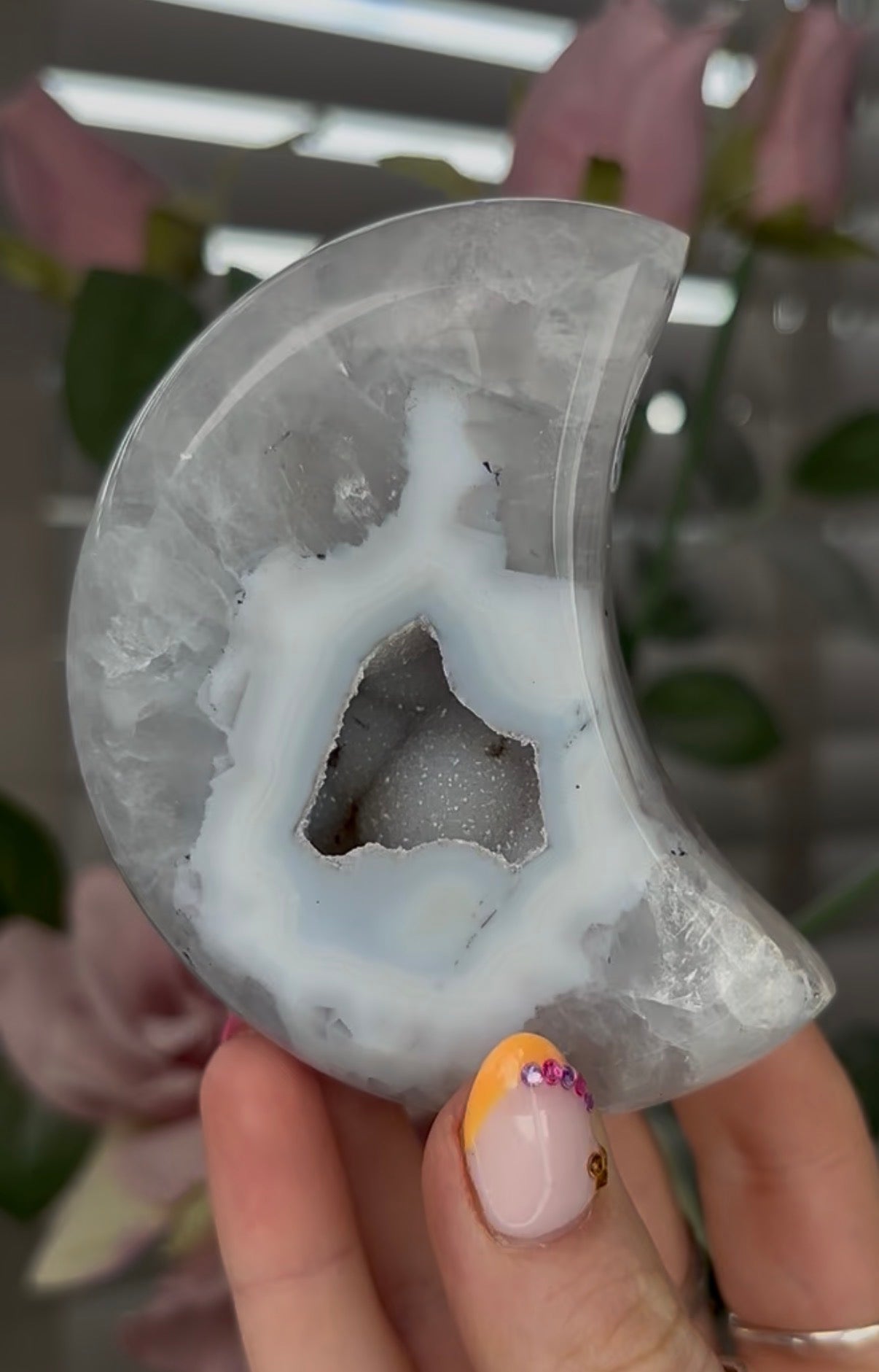 Beautiful, agate moon with druzy - comes with stand