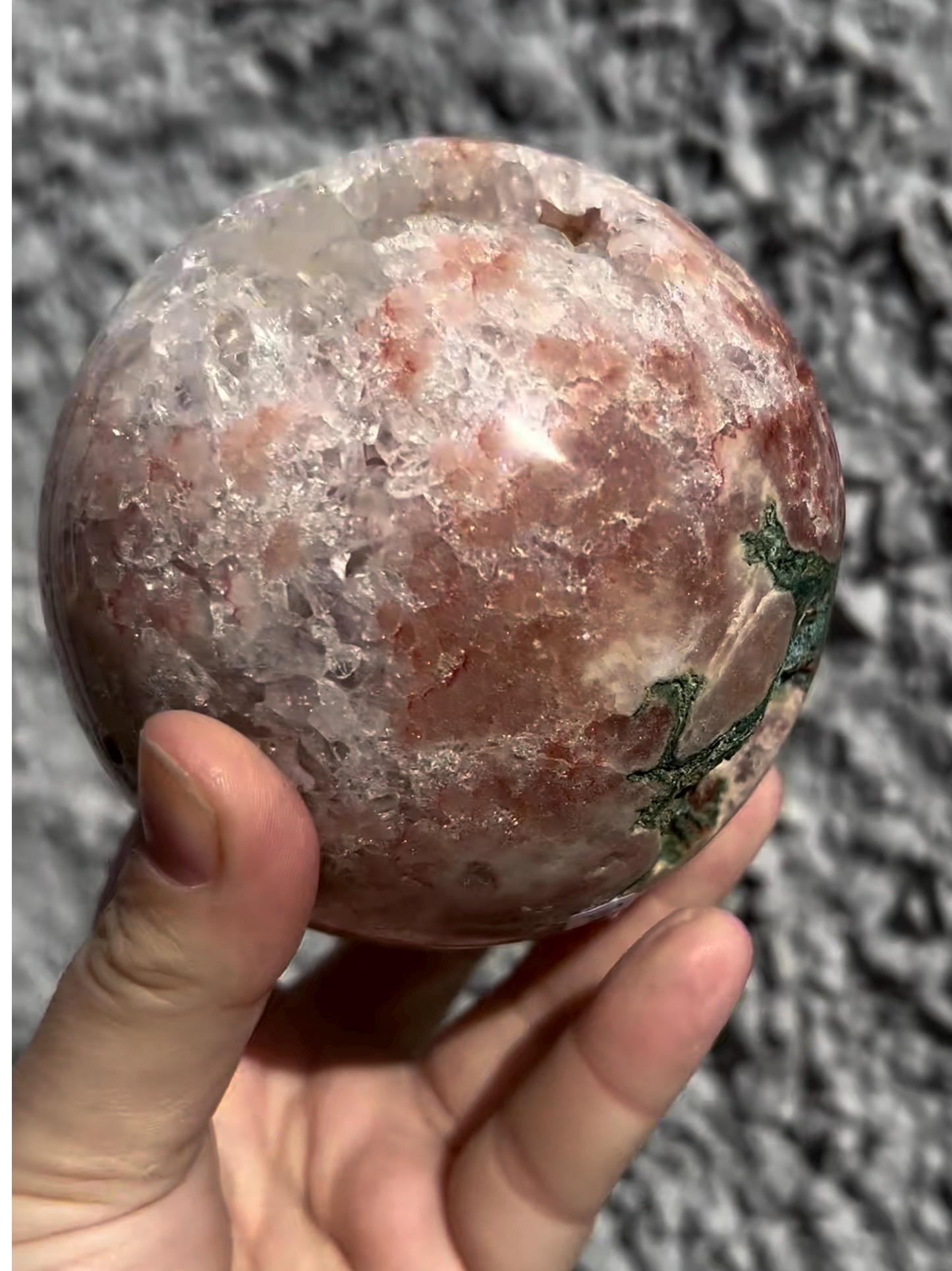 high grade, large, statement, pink amethyst sphere, with incredible quartz & red sugar druzy 1.230kg