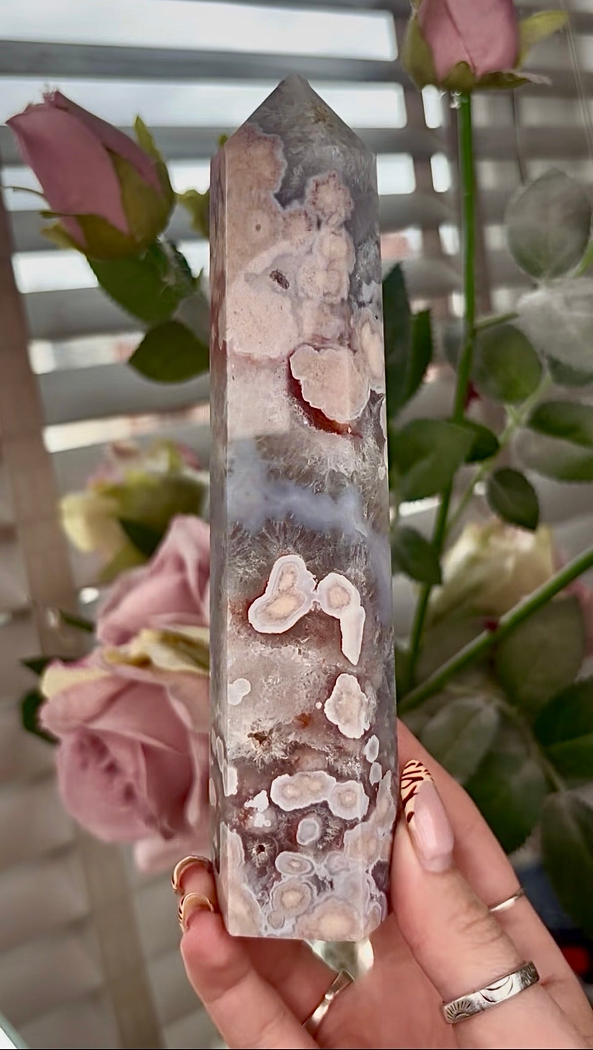 Stunning!! Super high quality, Druzy, green chlorite x blue flower agate tower