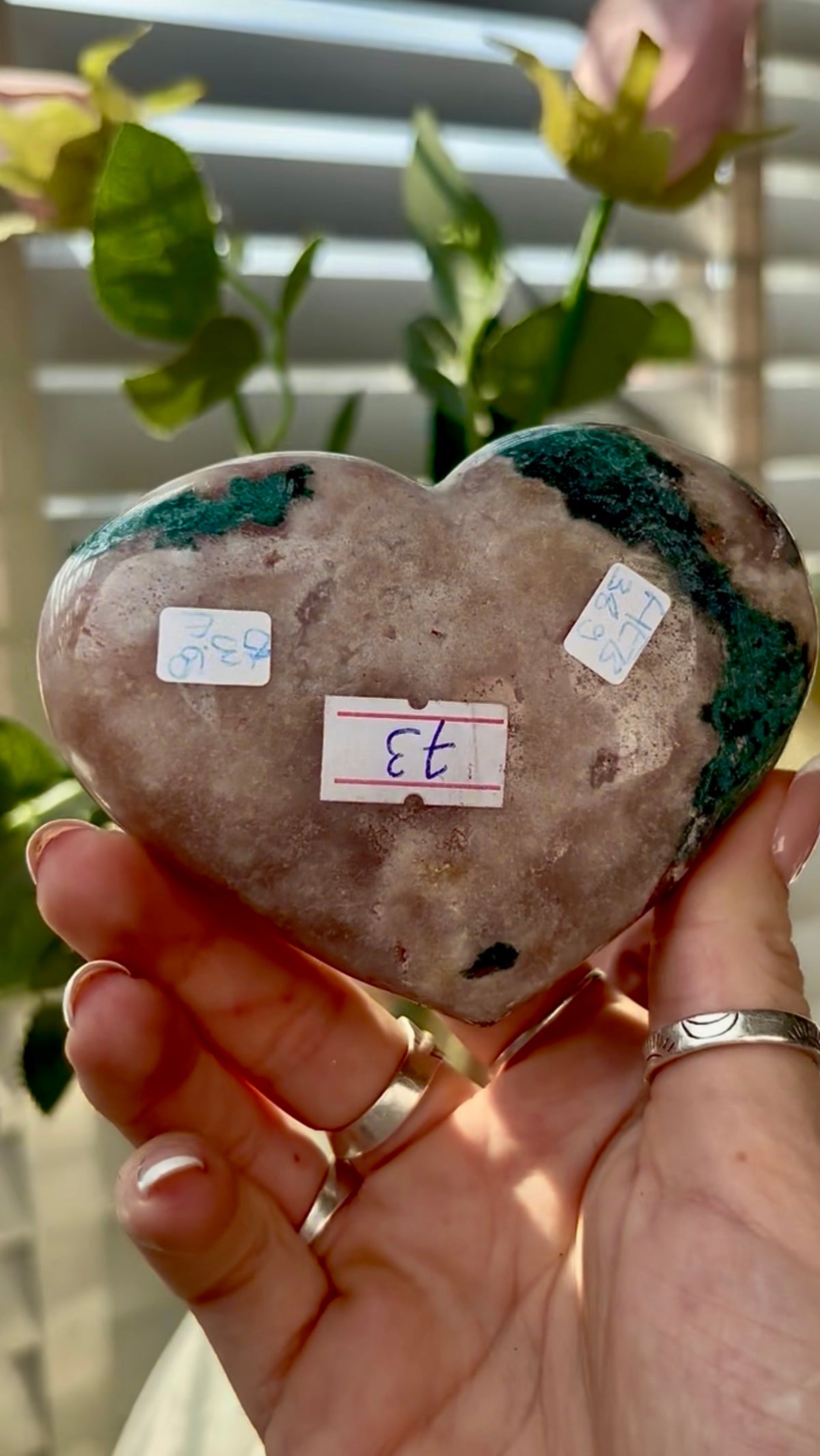 Gorgeous, pink amethyst  heart with Jasper -comes with stand
