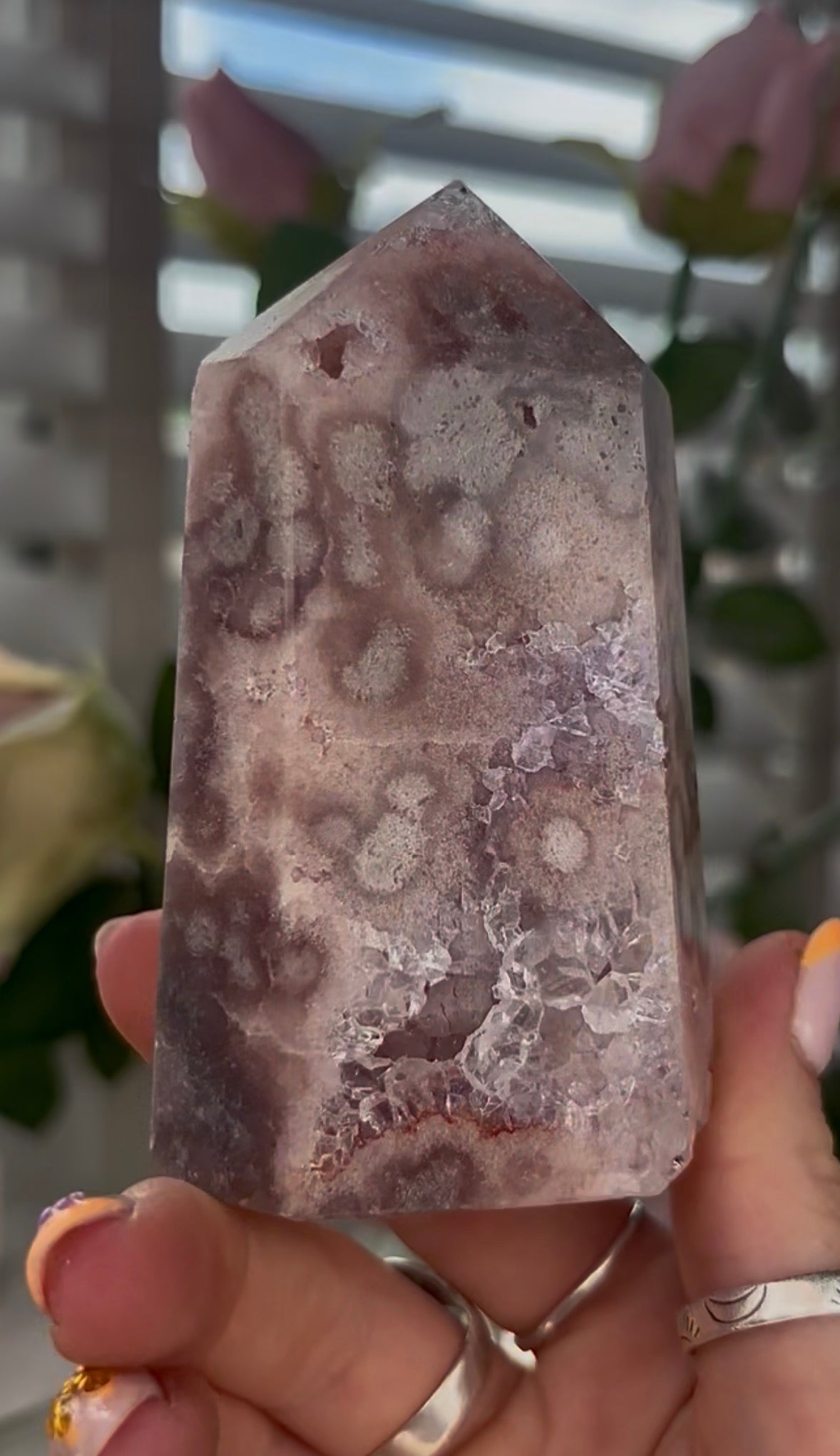 Beautiful, Pink amethyst tower with quartz druzy