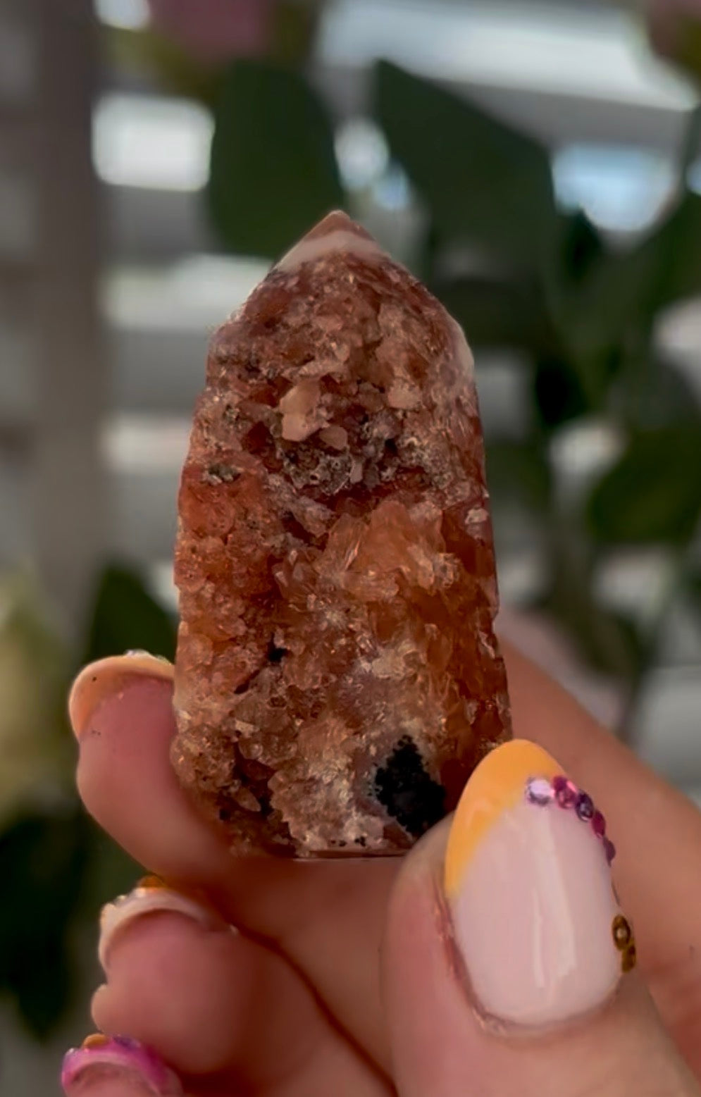 Mini Pink amethyst tower, in a burnt orange