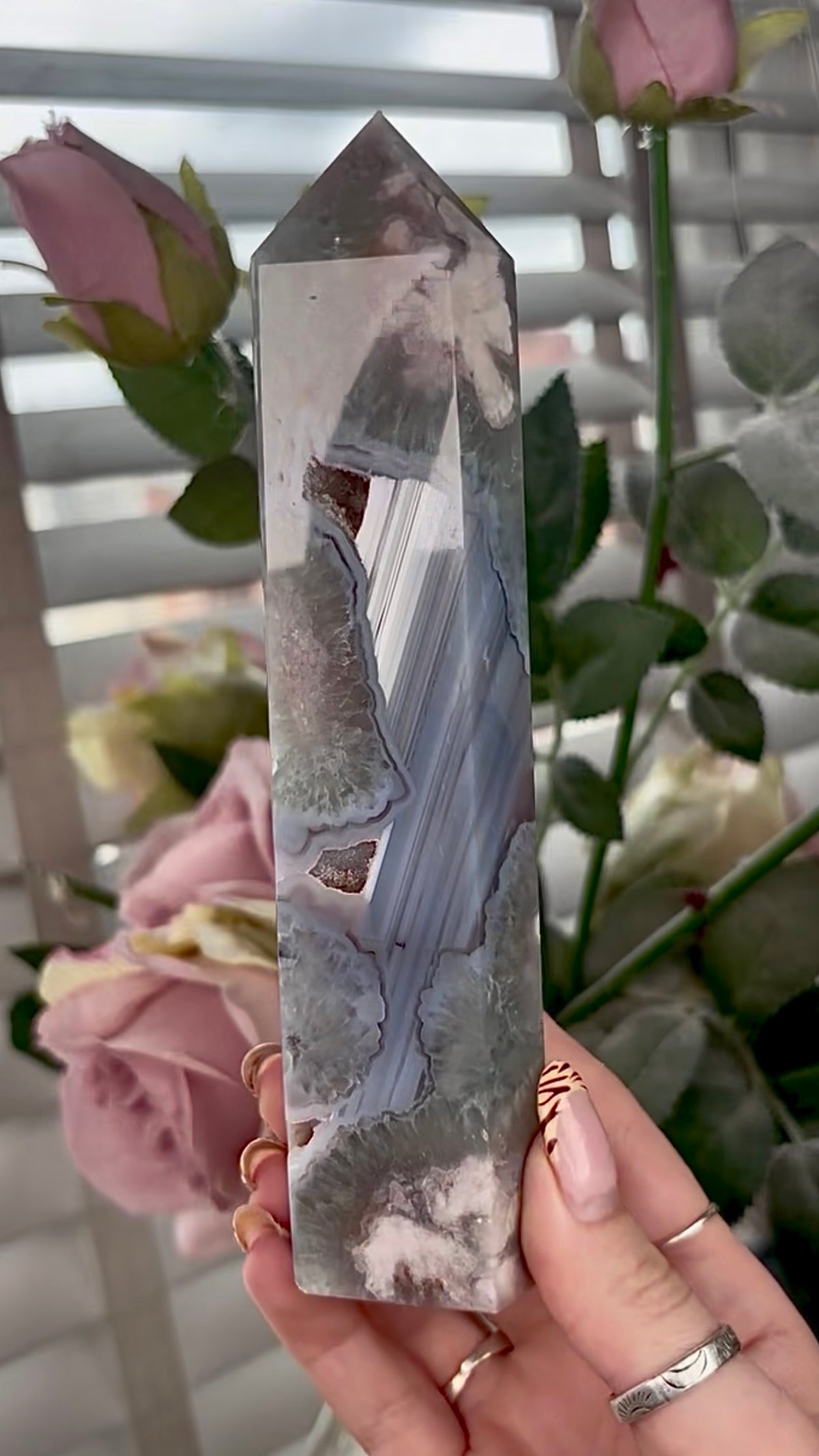 Stunning!! Super high quality, Druzy, green chlorite x blue flower agate tower