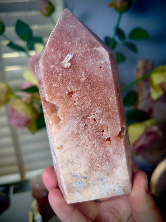 High grade, sunset tones pink amethyst tower 460g