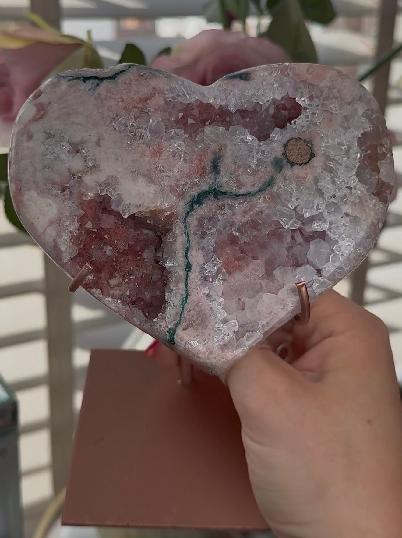 Hq pink amethyst heart with Jasper - comes with stand