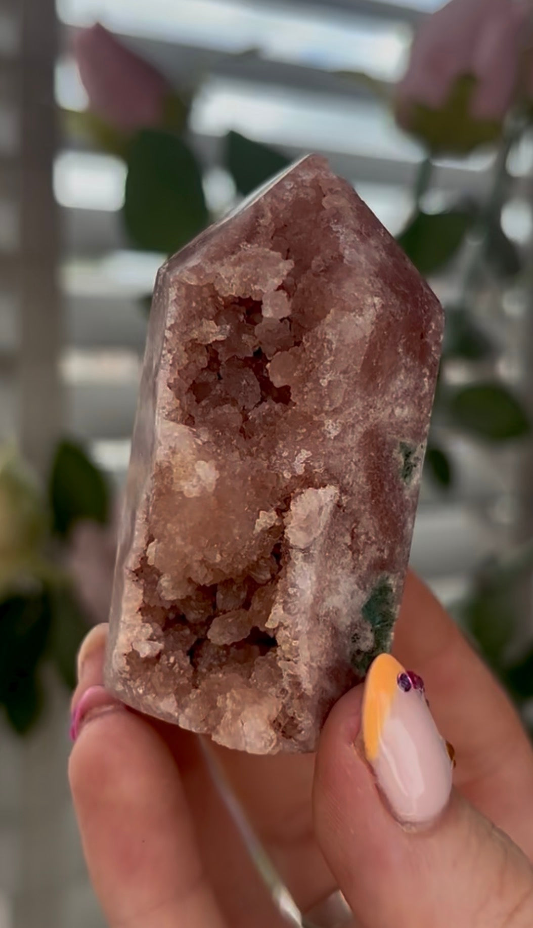 Small, Pink amethyst tower with druzy