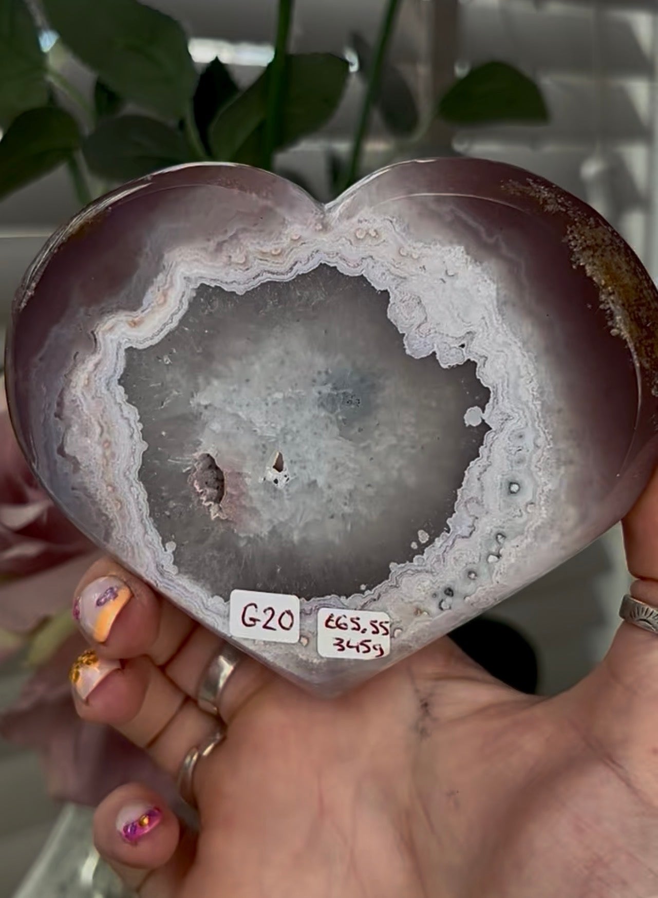 Beautiful, high quality, agate heart with druzy - stand included