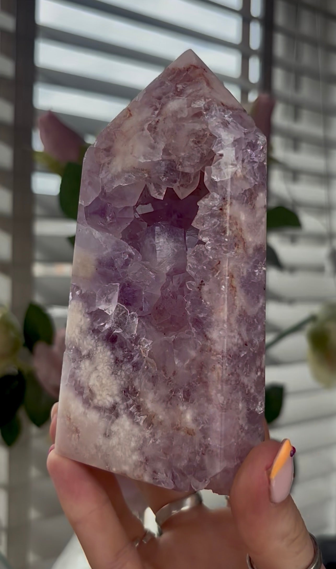 Beautiful, large, high quality, Pink amethyst tower with lilac tone quartz