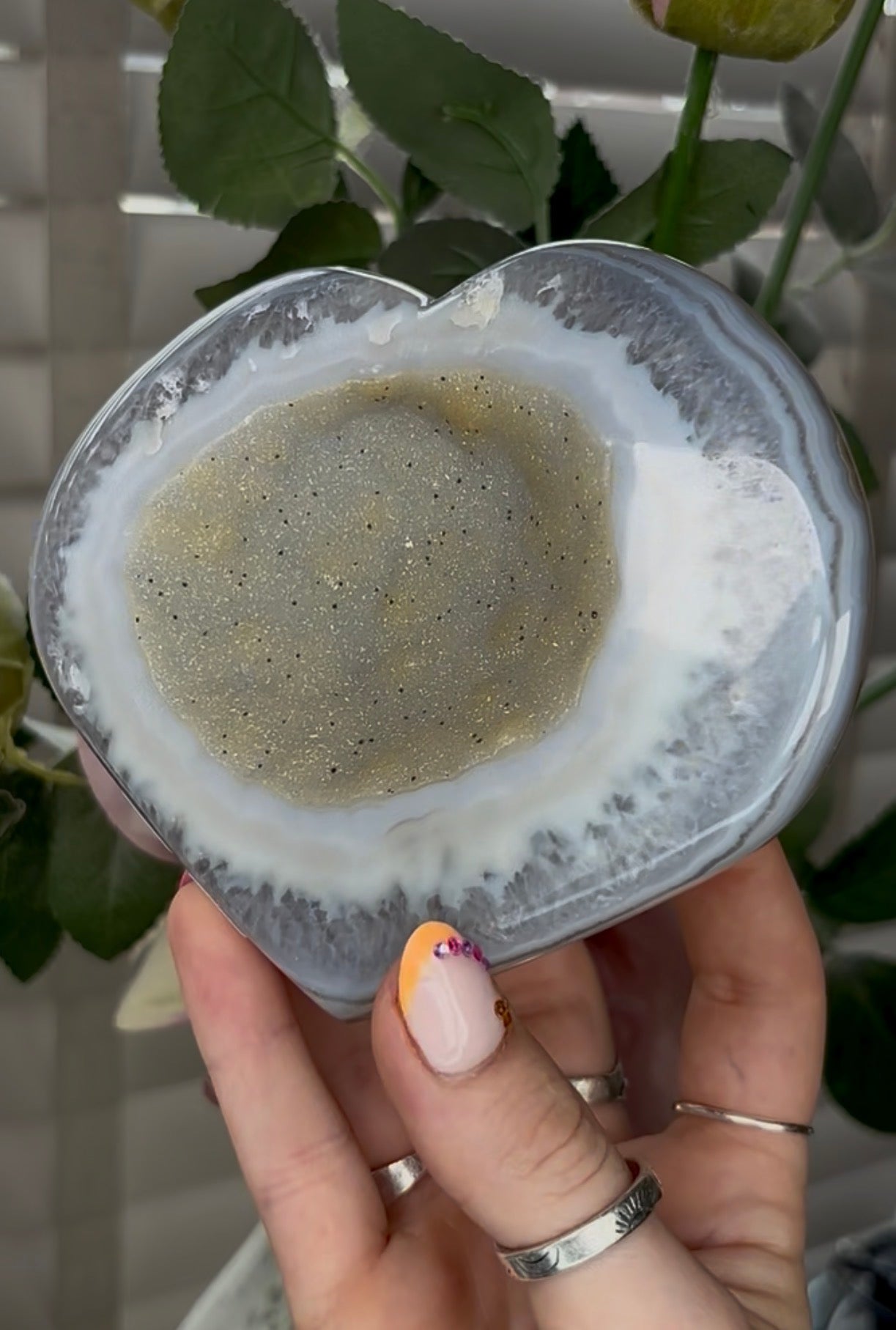Beautiful, high grade, agate heart with druzy - comes with stand