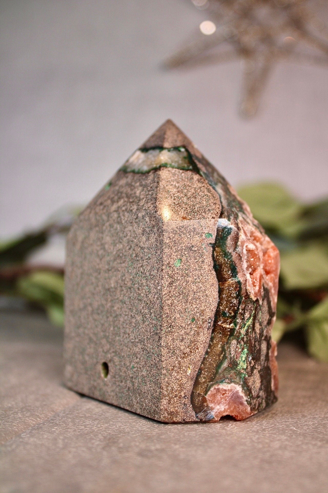 High grade Pink amethyst tower with peach toned sugar druzy - 500g 10cm high