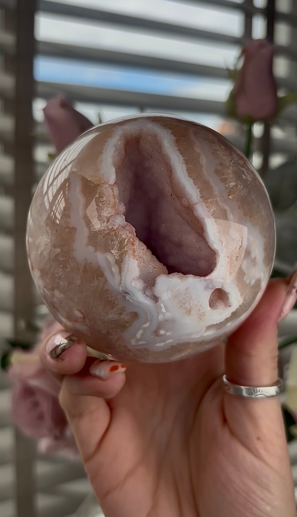 High grade, amethyst Flower agate sphere with high clarity quartz 8.5cm