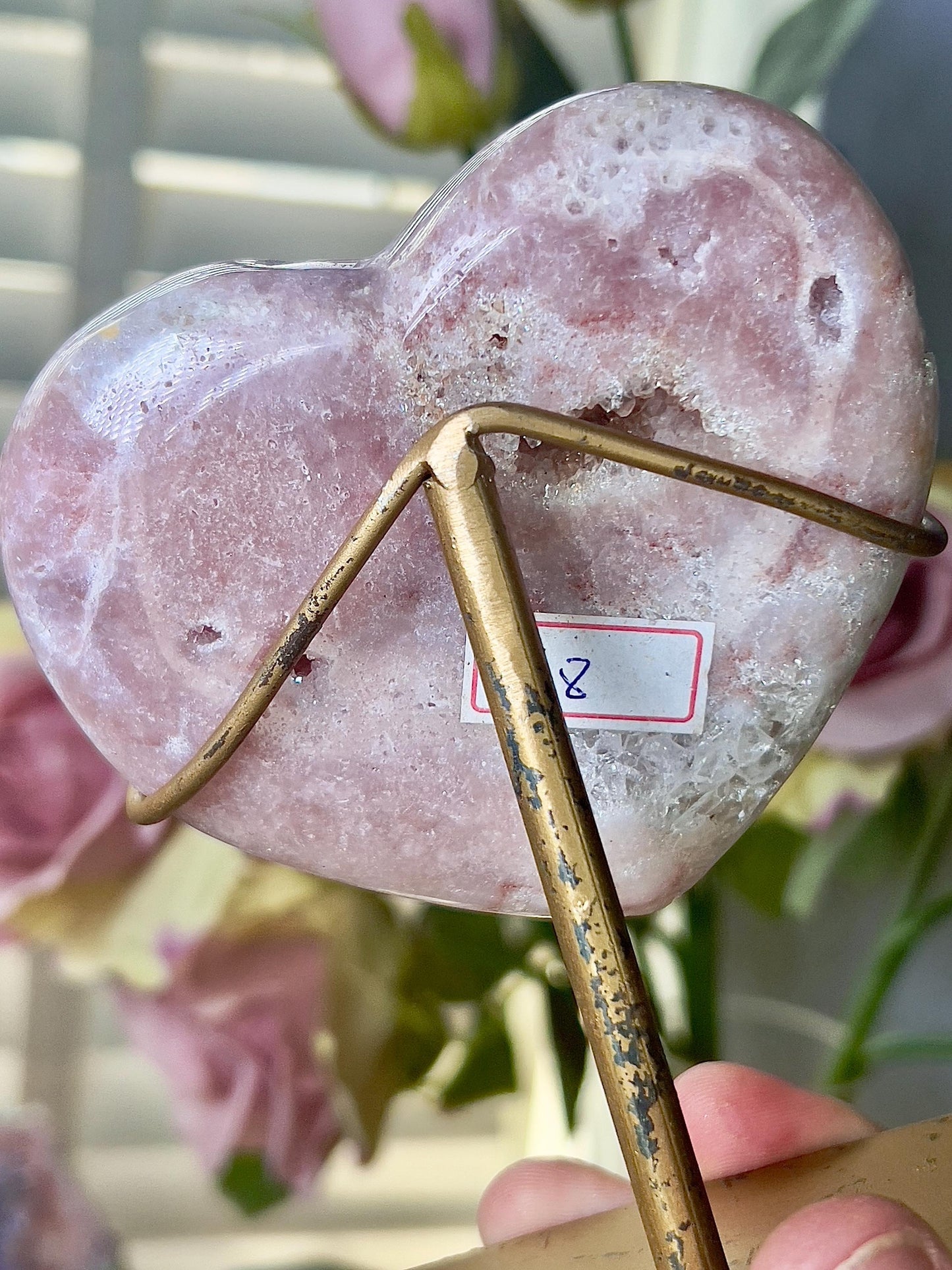 Pink amethyst heart with quartz druzy and stand which has scratches (discount added) can easily be repainted