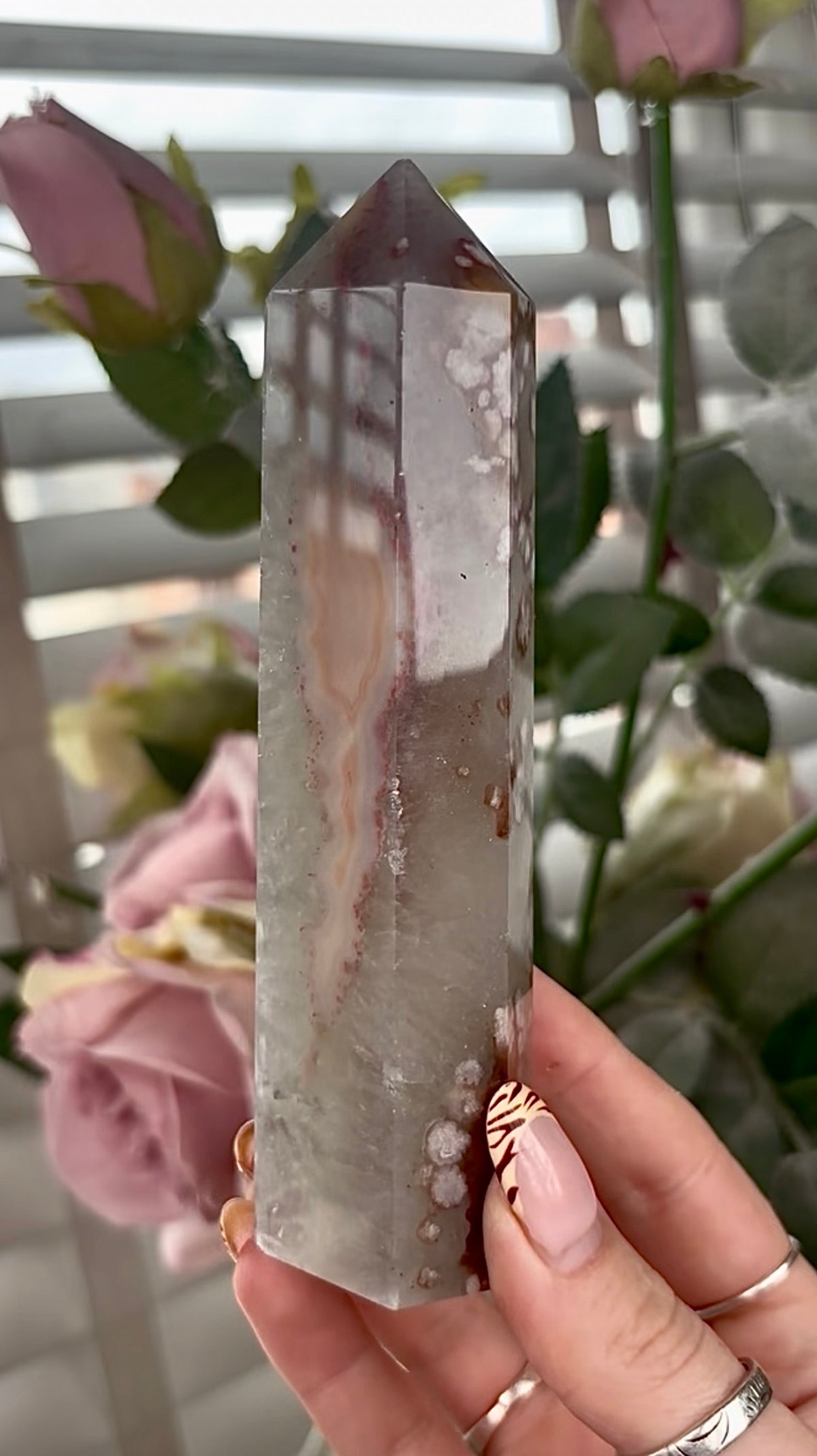 Stunning!! Super high quality, Druzy, green chlorite x blue flower agate tower