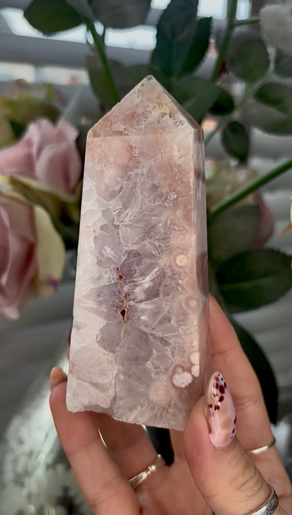 Pink amethyst Flower agate tower with quartz