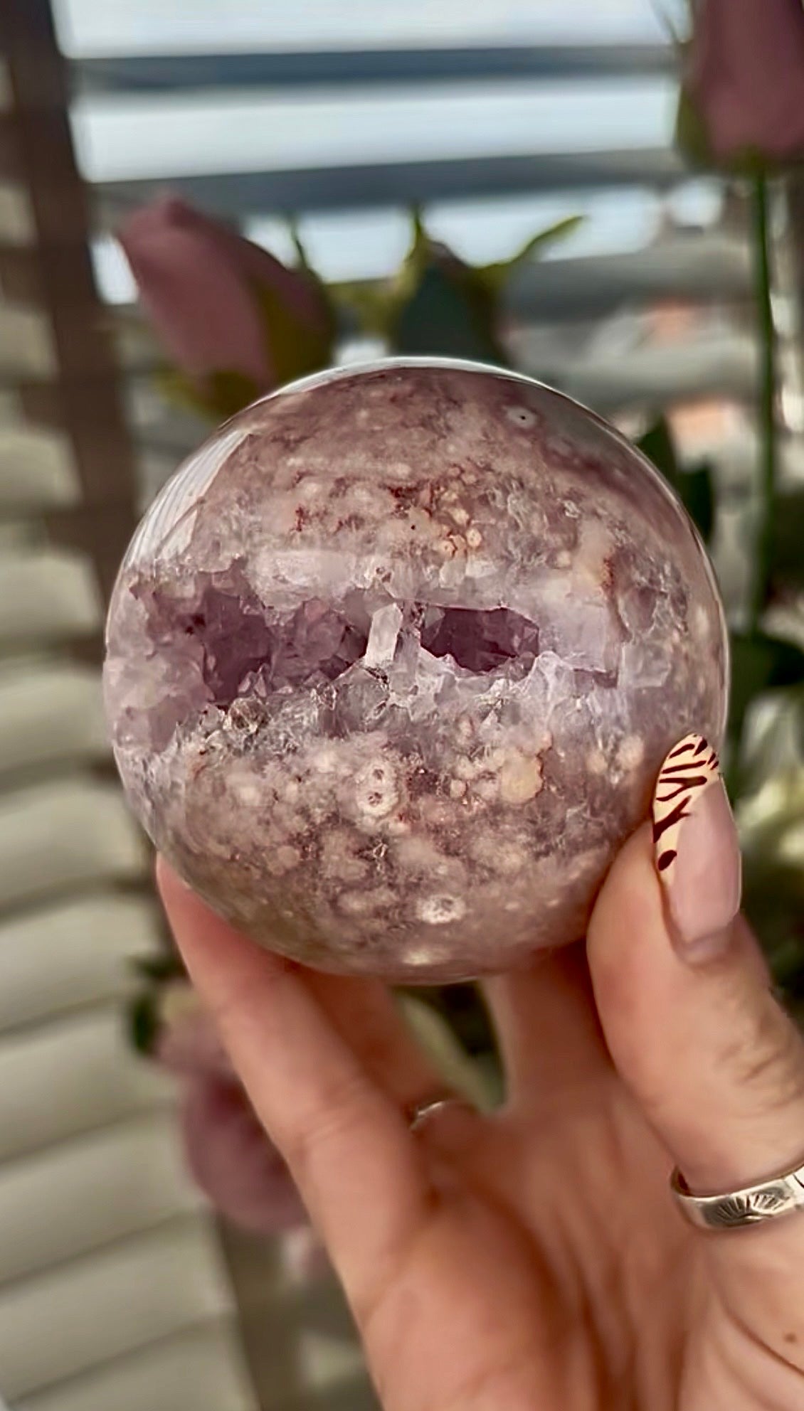 High grade, amethyst Flower agate sphere with druzy quartz- 7.2cm wide