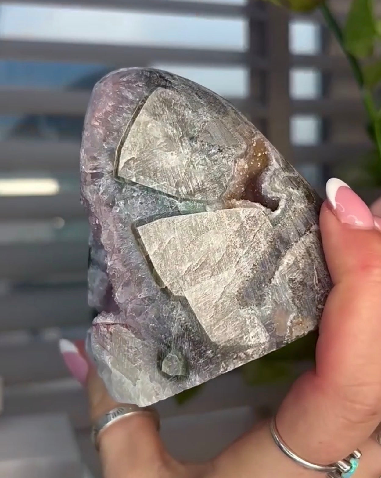 High quality, pink toned, rainbow amethyst on a calcite cutbase with stalactite eye