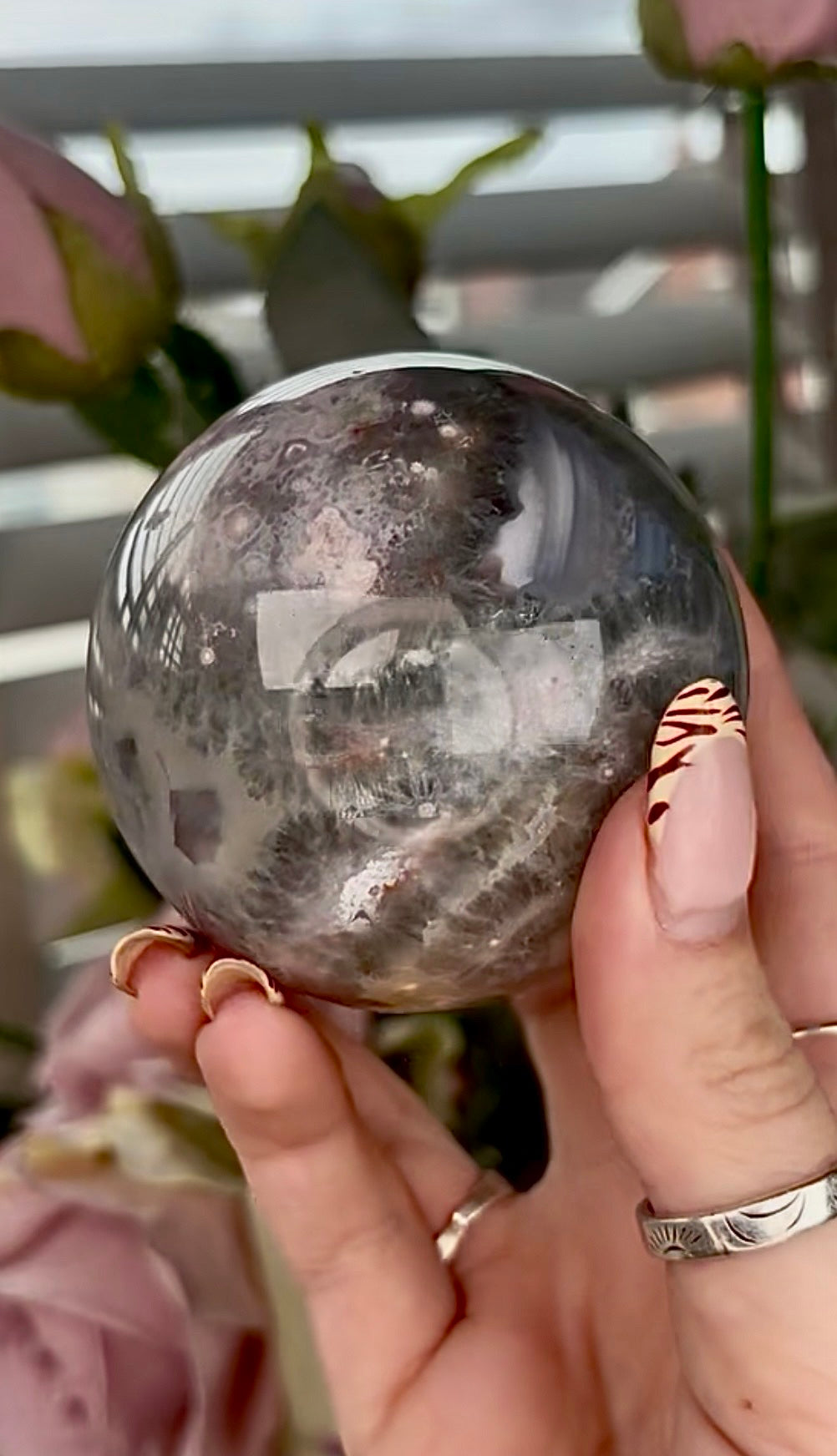 Stunning!! Super high quality, Druzy, green chlorite x blue flower agate sphere