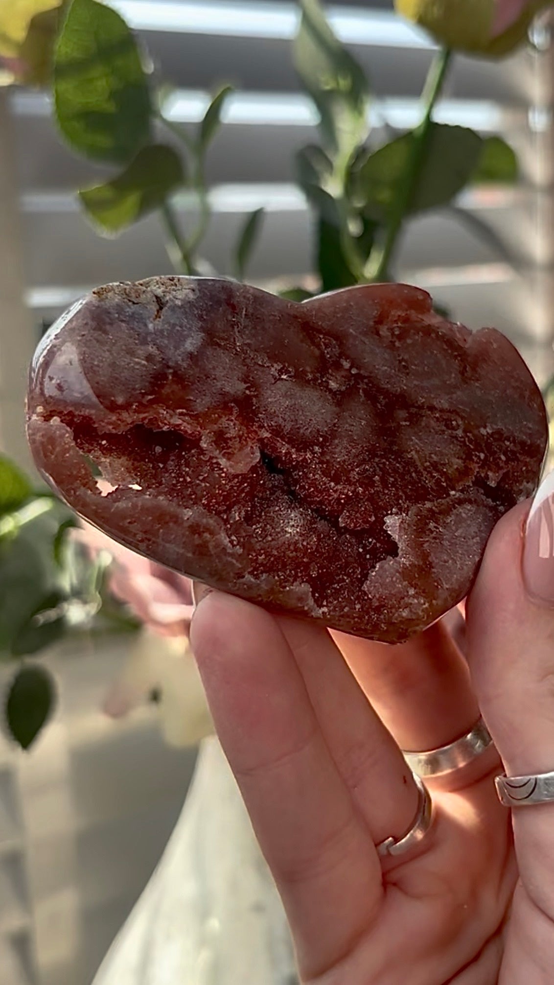 Gorgeous, high quality, berry red pink amethyst heart- comes with stand