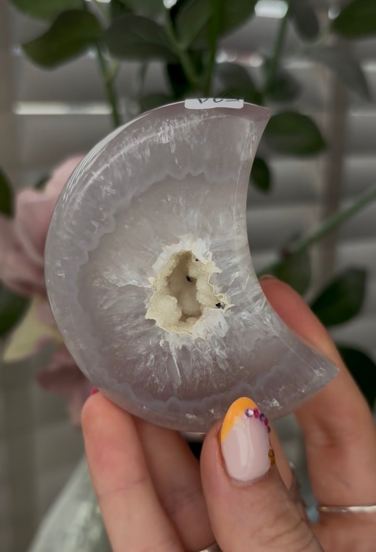 Beautiful, high grade, agate moon with druzy - comes with stand