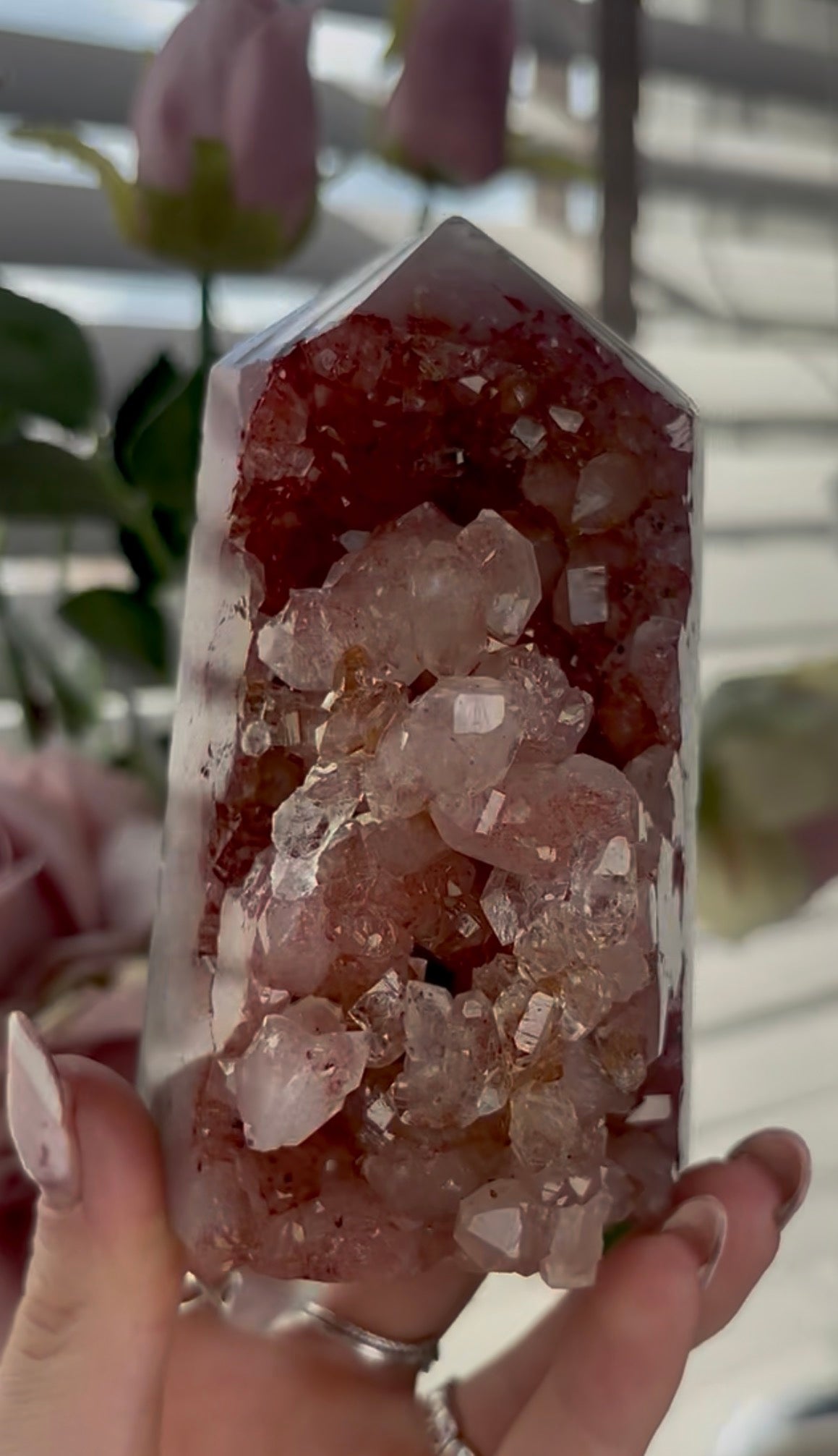 Beautiful, high quality, Pink amethyst tower in burnt orange/red tones with chewing gum druzy