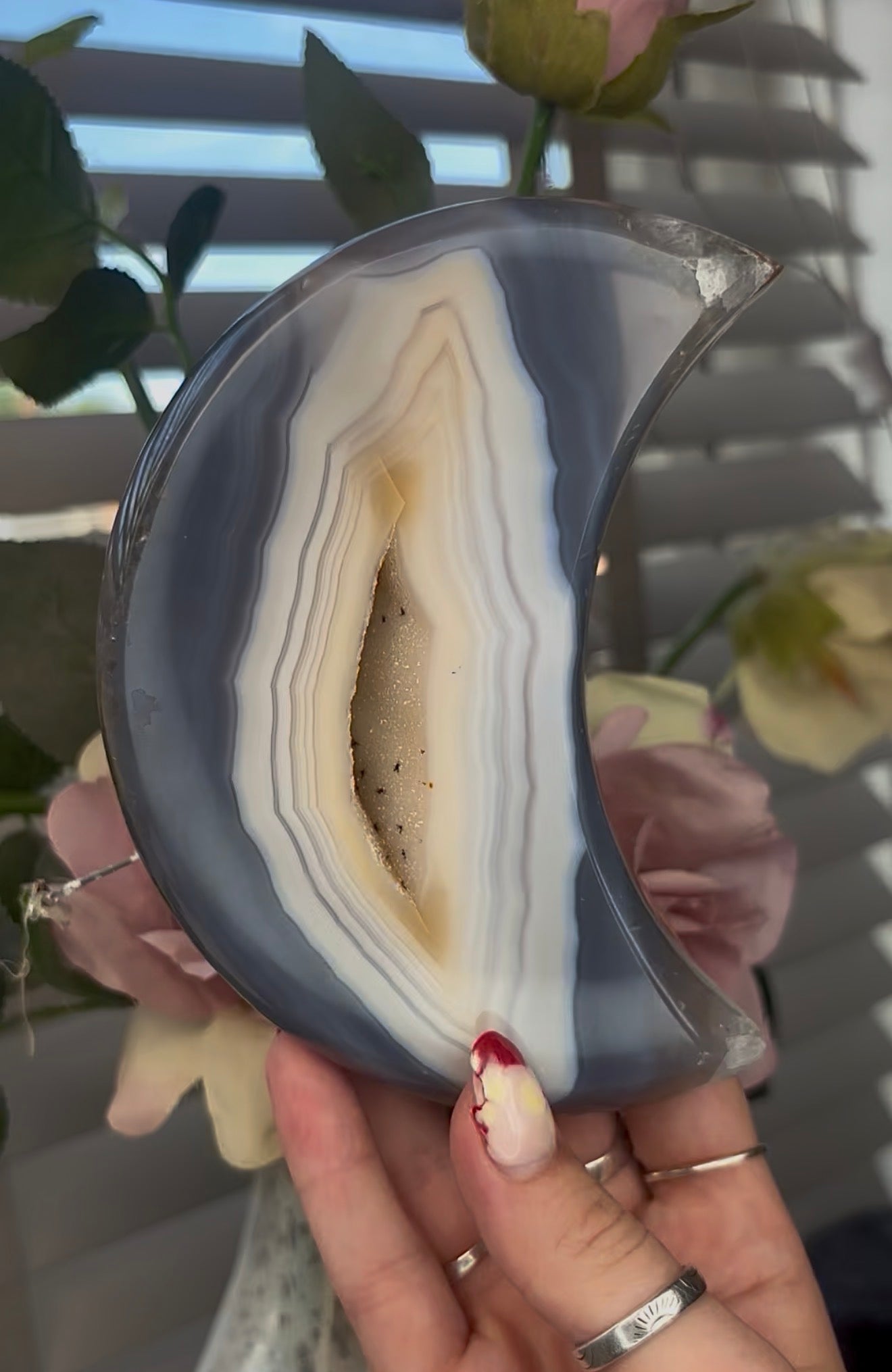 Beautiful, high quality, blue and lemon agate moon with druzy - stand included